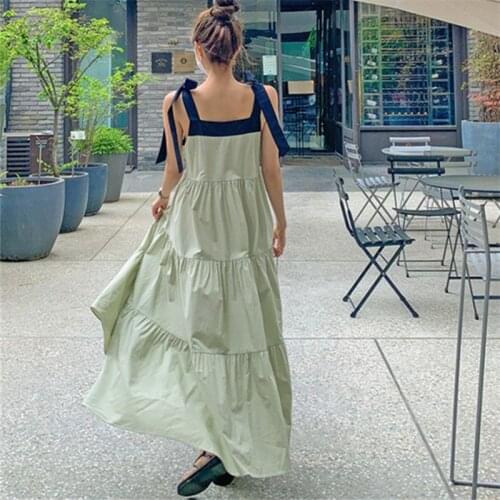 IHOBBY Spaghetti Strap Maxi Dress Women Summer Loose Large Size Strap Lace Up Bow Contast Color Ruffle Baby Long Sling Dress