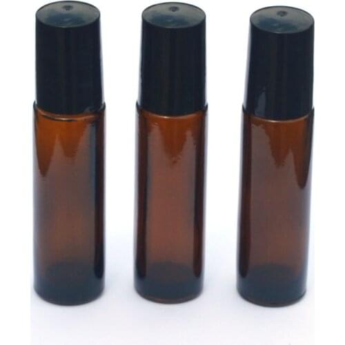 6pcs 10ml Amber Roller Glass Bottle Perfume Sample Bottle Roll-On Black Plastic Cap Empty Essential Oil Bottle