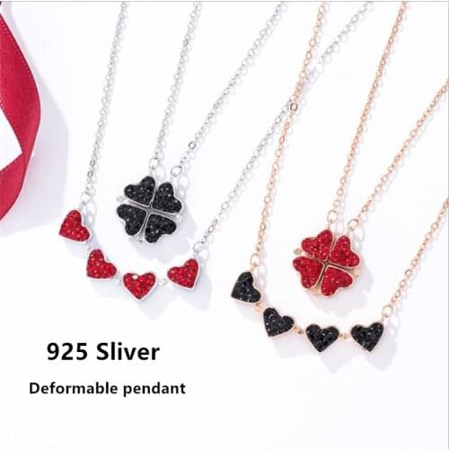 S925 Sterling Sliver Creative Brand Red Blue Black Double Sided Heart Pendant Necklace for Women Valentine Gift Drop shipping