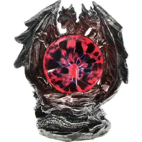 Saurian Gazing Two-headed Dragon Power Tesla Figurine Ornament Gothic Sculpted Resin Dragon Statue With Glowing Plasma Ball