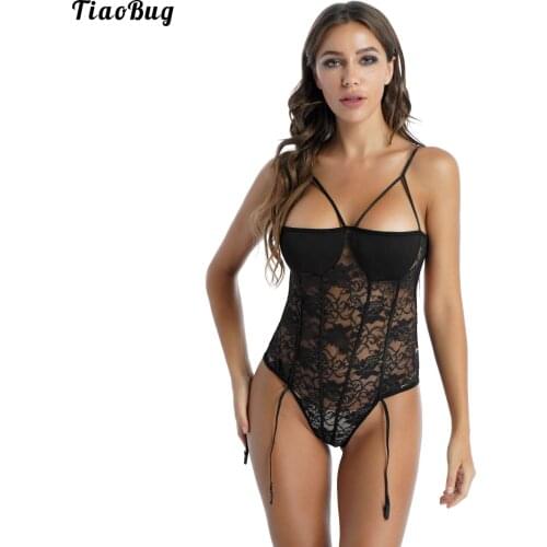 TiaoBug Sexy Women Plus Size One-Piece Lace Bodysuit Lingerie Adjustable Spaghetti Straps Open Bras See-Through Jumpsuit