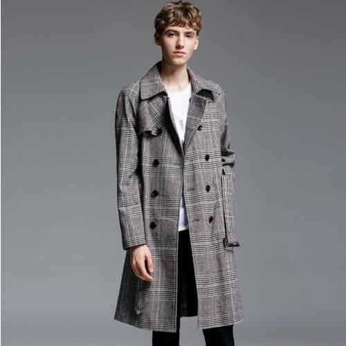 Medium-long plaid trench coat men 2020 spring autumn fashion vintage double breasted coats mens overcoat long-sleeve plus size