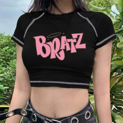 Vintage T-shirt Women Bratz Letter T Shirt Women Casual Brown Y2k Tops Summer Gothic Female Tees Punk Sexy Crop Top Harajuku New