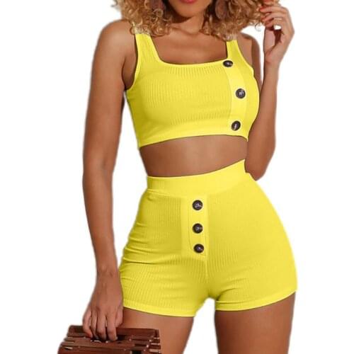 Women Ribbed Outfit Set Fluorescent Sleeveless Crop Top Shorts Buttons Tracksuit F42F