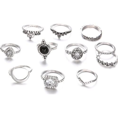 Crystal Crown Rings Antique Silver Color Moon Heart Ring Set Rhinestone Hollow Midi Knuckle Finger Accessories Women Jewelry