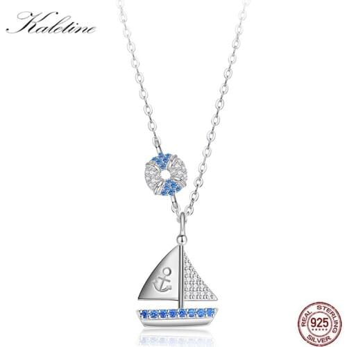 Kaletine 925 Sterling Silver Necklace Women Sailing Boat Main Blue Stone Anchor custom Necklace Pendants Choker Mens Jewelry