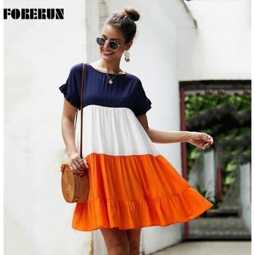 FORERUN Casusal Dress Women Ruffle Hem Patchwork Mini A Line Dresses Summer Loose O Neck Short Sleeve Vestidos De Verano