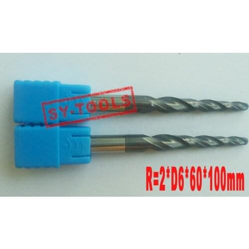 1pc R2*D6*60*100L*2F HRC55 Tungsten solid carbide Coated Tapered Ball Nose End Mills taper and cone endmills
