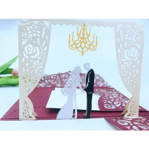 Free Shipping 1x 3D POP UP Card Burgundy tri 3 Fold Pocket Wedding Invitation Card Laser cut Invite Greeting card with envelope