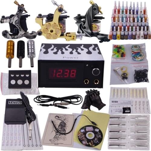 3 TOP complete tattoo machine set cosmetic permanent makeup gun tip needles grip kit tattoo tool
