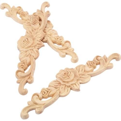 4pcs/set Woodcarving Decal Corner Long Onlay Applique Unpainted Door Furniture Decor Wooden Figurines Craft Rose Strip 20*5cm