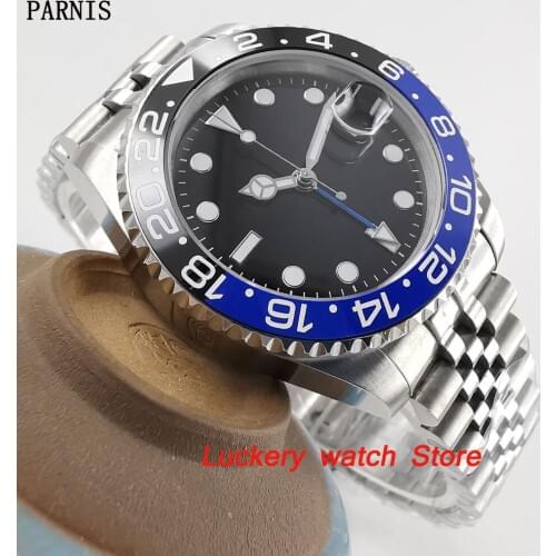 40mm Parnis Black and blue Ceramic Bezel black dial blue GMT hands luminous marks sapphire glass automatic Mens Watch-PA67