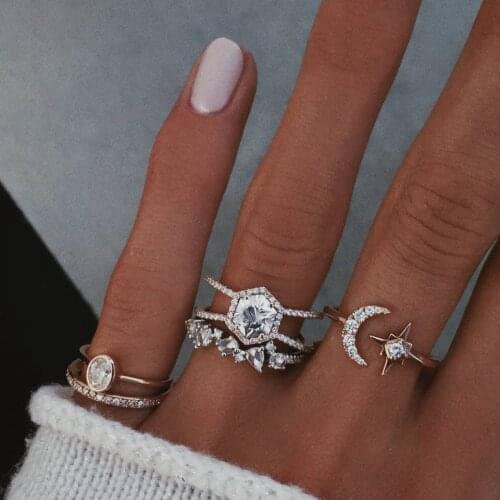 5Pcs/Set Boho Vintage Ring For Women Star Crescent Geometric Crystal Joint Ring Female Jewelry
