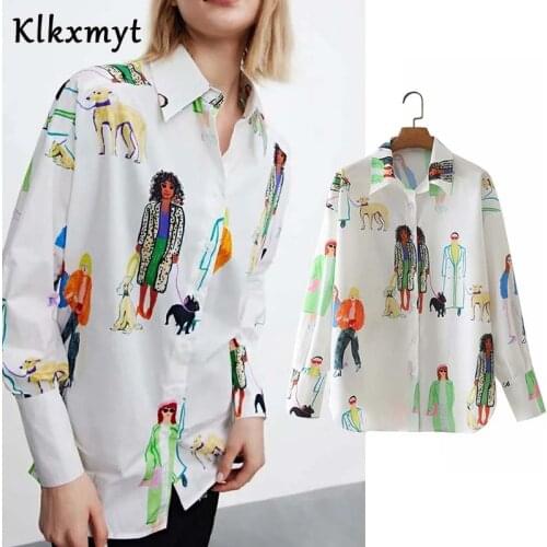 Klkxmyt Za Blouse Women 2021 Fashion Character Print Blouses Vintage Long Sleeve Button-up Casual Female Shirts Blusa Chic Tops
