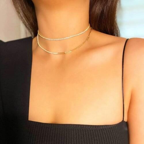 2021 Gold Color Link Chain Half Choker 2mm Cz Tennis Chain Choker Necklace for Women Lady Hip Hop Jewelry Wholesale High Quality