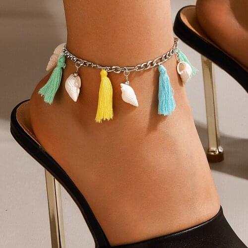 Docona 1pcs Bohemian Shell Conch Pandent Anklets for Women Colorful Handmade Rope Summer Beach Party Foot Chains Jewelry 17989