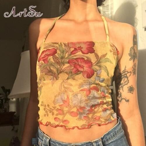 ArtSu Floral Mesh Crop Top Camis Y2K Fashion Sleeveless Strap Basic Vest Streetwear Off the Shoulder Tops Women Backless Cropped