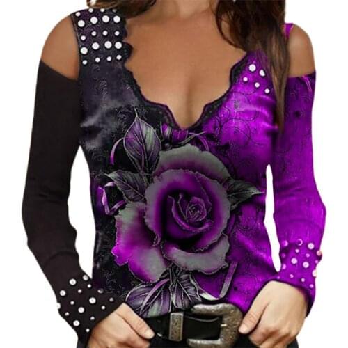 Summer Women Tops Sexy Off-shoulder V Neck Slim Rose Printing Female Ladies Long Sleeve Casual Tops Streetwear vetement femme