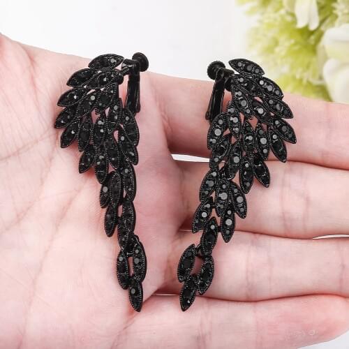 Minlover Black Rhinestone Angel Wing Clip Earrings for Women Hanging Pendant Earring 2020 Metal Ear Clips Fashion Jewelry MEH209