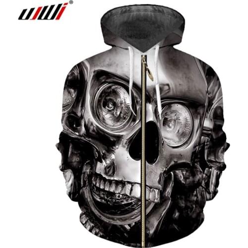 UJWI Man Punk Rock Zip Hoodies 3D Printed Funny Metal Skull Zipper Coat Big Size Harajuku Mens Streetwear Dropshipping
