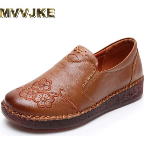 MVVJKE Womens Retro Handmade Genuine Leather Flat Shoes Solid Color Round Toe Flats Women 3 Colors Womens Loafers