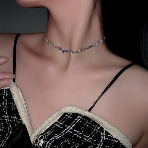 Korean Style Luxury Shining Rhinestone Choker Necklace For Women Minimalist Clavicle Chain Necklace Hip Hop Fashion Jewelry