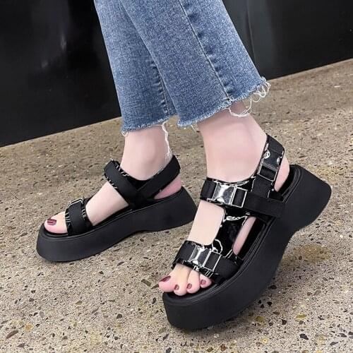 Rimocy Metal Buckle Platform Sandals Women Patent Leather High Heels Summer Shoes Woman Thick Sole Outdoor Beach Sandalias Mujer