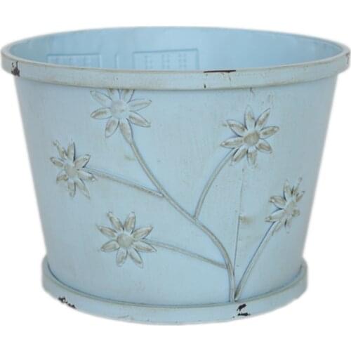 Blue Baby Bed Props Rustic Flower Pattern Baby Bucket Photography Props Newborn Posing Bowl Metal Bucket Boys Shower Gift