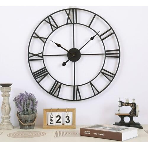 50/60CM Modern 3D Large Retro Black Iron Round Art Hollow Metal Wall Clock Nordic Roman Numerals Clock Home Decoration
