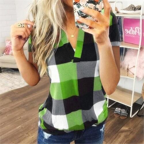 Women V-Neck Check Lattice Plaid Shirt Tops Short Sleeve Lady Casual Loose Blouse Plus Size S-5XL