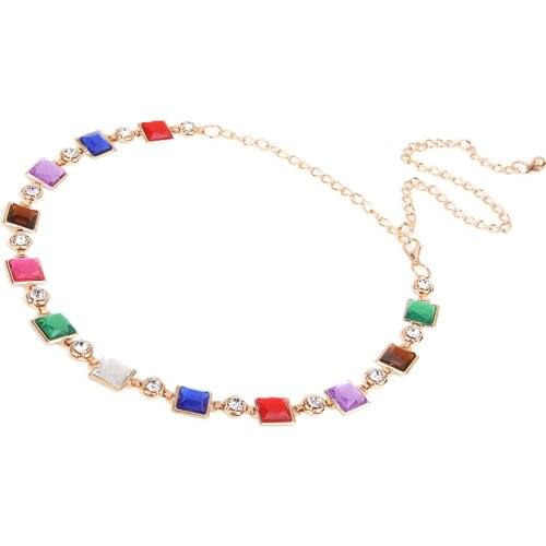 Ladies Metal Chain Colorful Beads Rhinestones Waist Chain Belt Stretch Chain