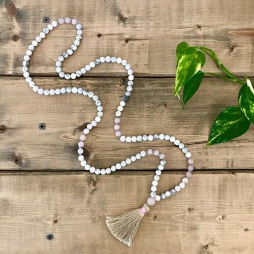 8mm Mala Beads Beaded Necklace Tassel Jewelry For Women Howlite And Rose Q-uartz Beaded Necklace Yoga Gift For Her