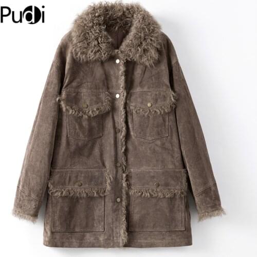 Womens Winter Long Genuine Leather Overcoat Leisure Female Real Sheep Fur Coat Jacket Cloth B401706