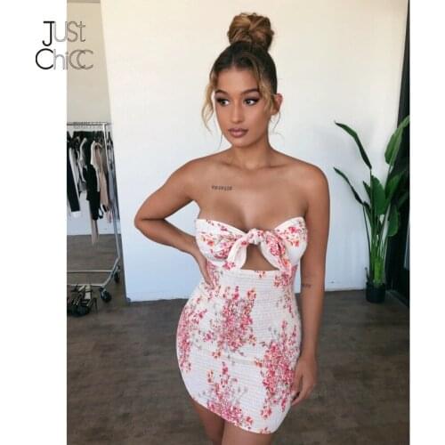 Justchicc Bow Tie Floral Print Summer Dress For Women Hollow Out Backless Mini Beach Vestidos Strapless Pleated Bodycon Dresses