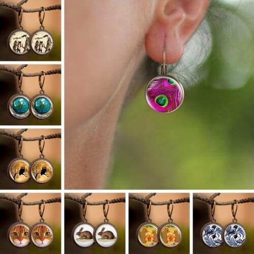 Animals Series Comic Bird Bear Glass Cabochon Handmade Dangle Earrings for Glamorous Women Girls Gift