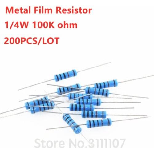 200PCS 1/4W 100K ohm resistor +/- 1% 1/4w 100KR ohm Metal Film Resistors / 0.25W Watt Color Ring Resistance Carbon Film
