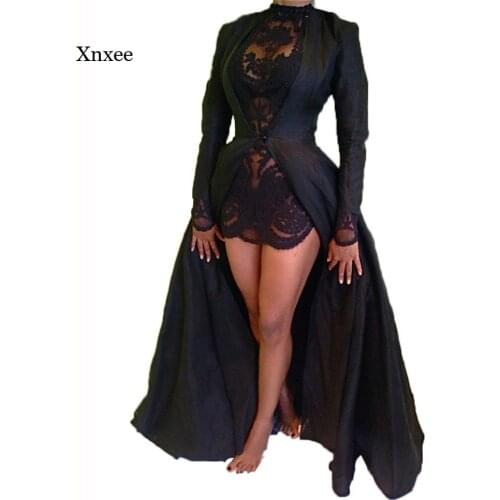 2021 New High Waist Dress Two Piece Suit Sexy Gothic Lace Sheer Jacket Long Robe Gown Party Costume Lady Autumn Black Dresses