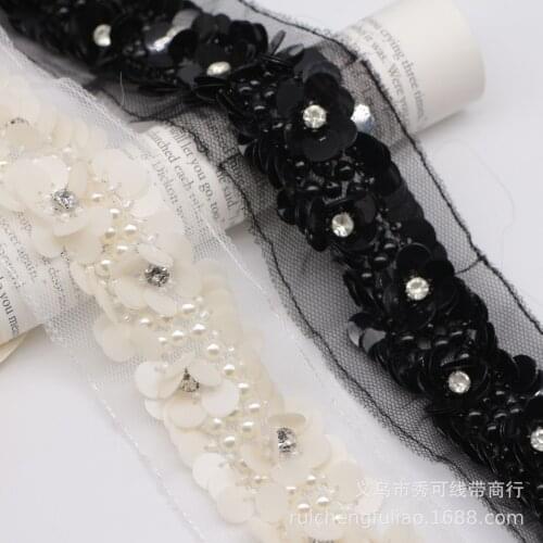 42cm Rhinestones Crystal 3D Flower Lace Trim Pearl Beaded Sequins Mesh Fabric DIY Sewing Wedding Dress Clothing Accessories Belt