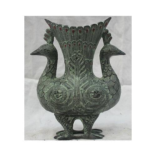 8" China Chinese Folk Palace Bronze Fu Foo Two Bird Phoenix Flower Bottle Vase