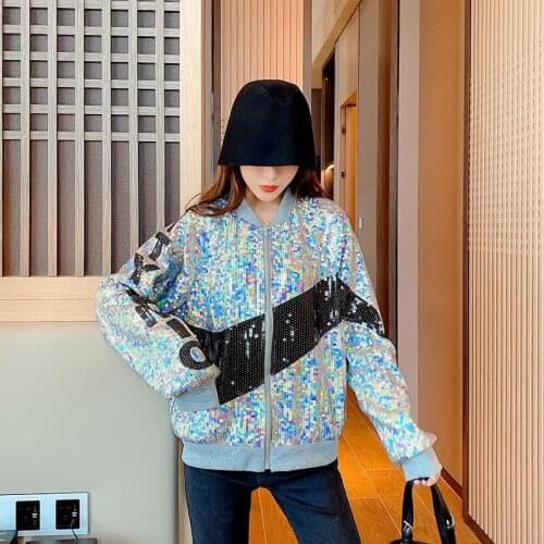 Sequined baseball uniform womens new autumn loose spring and autumn shiny all-match short jacket Y723