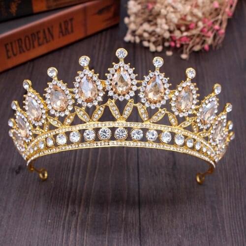 Baroque Big Rhinestone Crown Gold Champagne Crystal Bridal Tiaras Crown Vintage Wedding Hair Accessories Diadem Pageant Crowns