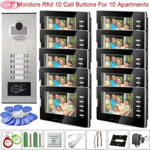 For 10 Apartments Video Doorbell With Monitors Access Control White Black 7" Monitors Intercom for Home Video Door Intercom Door
