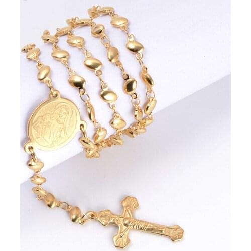 Mens Womens Gold Plated Rosary Oval Chain Stainless Steel Cross Sweater Necklace