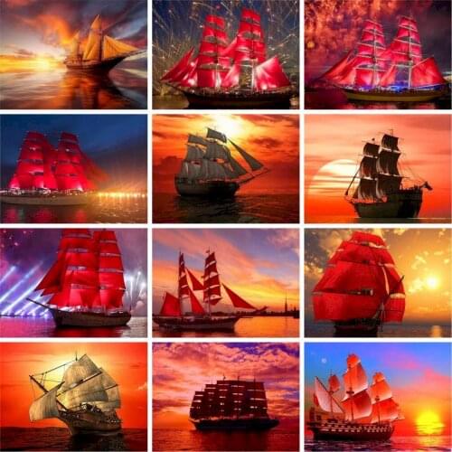 GATYZTORY DIY Painting By Numbers Kits Red Ship Landscape 60x75cm pictures by numbers For Adults DIY Frameless Home Decor