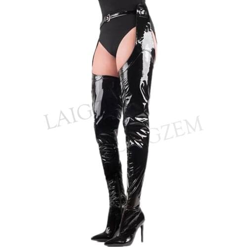 LAIGZEM Women Thigh High Wasit Pants Boots Black Patent Matte Stiletto Heels Boots Shoes Waterproof Botines Mujer Big Size 4-14