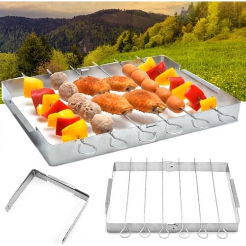 1 Set Baking Tray Foldable Skewer Rack Stainless Steel Barbecue Grill BBQ Rack with BBQ Skewers for Camping Home BBQ Accessories
