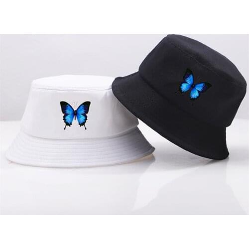 Blue Butterfly Harajuku Fishermans Hats Sunscreen Casual Beach Sun Cap Outdoor Unisex Bucket Hat Foldable Cotton Panama Caps