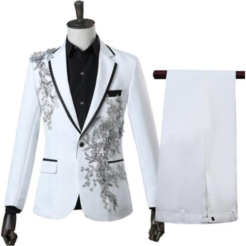 Singer star style stage Three-dimensional double flower clothing men groom suit set with pants mens suits formal dress tie