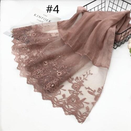 80*180cm Muslim Cotton Lace Hijab Scarf With Pearls Embroidered Hijab Femme Musulman Plain Beading Muslim Hijabs Scarf Bandana