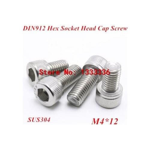 100pcs M4*12 Hex socket head cap screw, DIN912 304 stainless steel Hexagon Allen cylinder bolt, cup screws